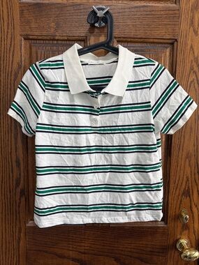 Striped Polo Tee in White with Green & Navy